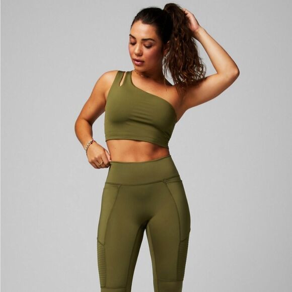 Fabletics Asymmetrical Double Strap Midi‎ Bra Size L Dark Moss NWT in packaging - Picture 3 of 5